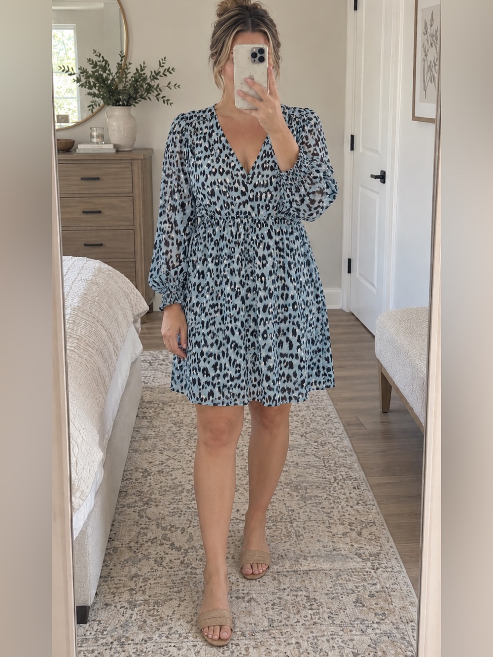 LOFT Light Blue and Black Leopard Print Long Sleeve V-Neck Dress